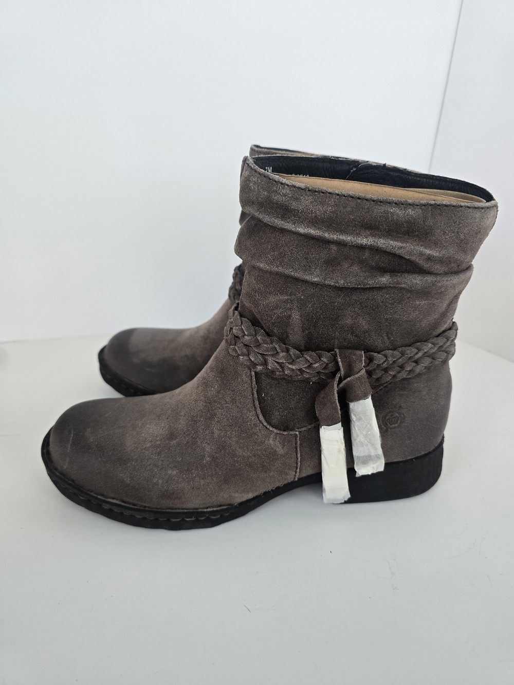 Born Gray Distressed Suede Braided Strap Ankle Boots